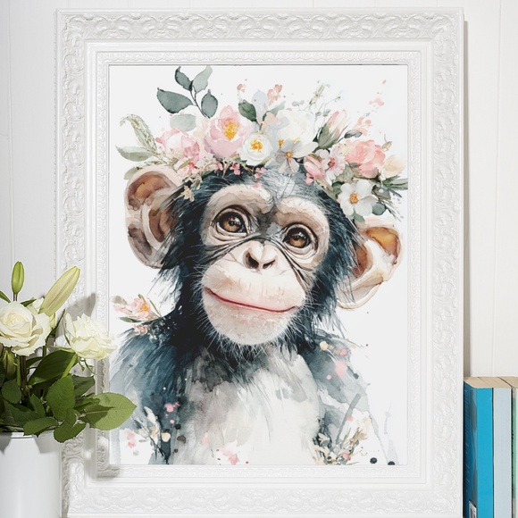 Watercolor Floral Monkey Portrait Wall Art Print Unframed - Playful Jungle Charm - Picture 6 of 6